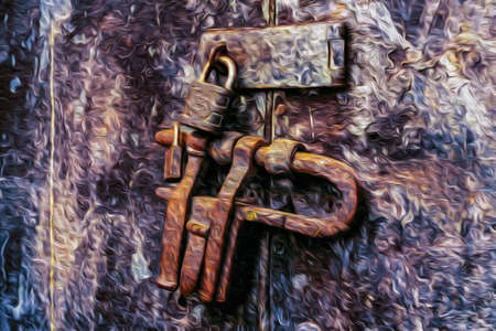 Close-up of rustic lock with hasp and padlock on old weathered door in Cusco. The ancient capital of the Inca Empire in Peru, that became a major tourist destination. Oil paint filter.の写真素材
