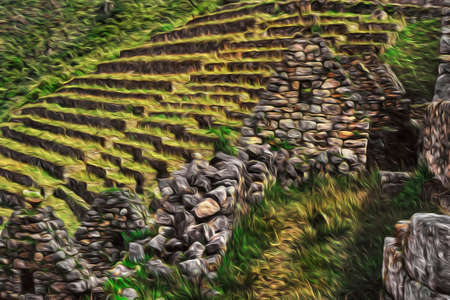 Stone walls from houses and agricultural terraces in the old Inca city of Machu Picchu. Perched on rock at the Andes mountain range, it is the most visited tourist attraction in Peru. Oil paint filterの写真素材