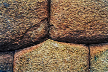 Finely cut stones forming a wall built by the Incas in the Middle Ages in Cusco. The ancient capital of the Inca Empire in Peru, that became a major tourist destination. Oil paint filter.の写真素材