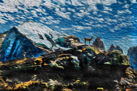 Vicuna on top of rock with mountains in the Torres del Paine National Park. A gorgeous park encompassing mountains, glaciers, lakes, and rivers in southern Chilean Patagonia. Oil paint filter.の写真素材