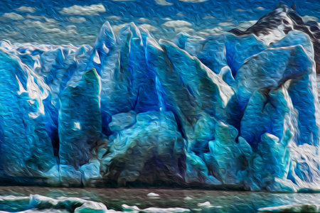 Glacier descending from the mountains towards a lake in Torres del Paine national park. A park that...