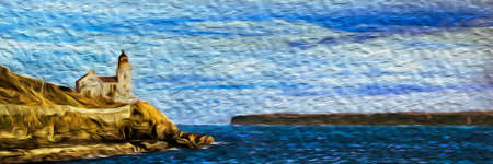 Holborn Head Lighthouse on the edge of rocky cliff at sunset in front of the sea near Thurso. A former burgh on the north coast of the Highland council area of Scotland. Oil paint filter.の写真素材