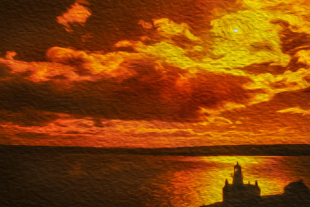 Holborn Head Lighthouse on the edge of rocky cliff at sunset in front of the sea near Thurso. A former burgh on the north coast of the Highland council area of Scotland. Oil paint filter.の写真素材