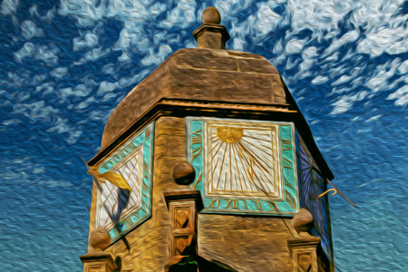 Cambridge, England - July 16, 1997. Small dome on top of a tower with ornaments and golden sundial...
