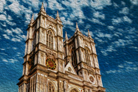 Towers and facade from the Westminster Abbey, a large mainly Gothic church in London. Capital of England and the United Kingdom, is also one of the most important cities of the world. Oil paint filter.の写真素材