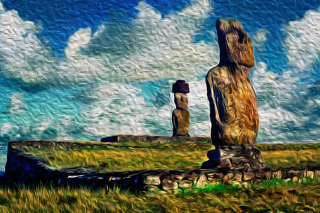 Old monolithic human figures called Moai carved by the Rapa Nui people on fields at Easter Island. A World Heritage Site located in the middle of the Pacific Ocean on western Chile. Oil paint filter.のeditorial素材