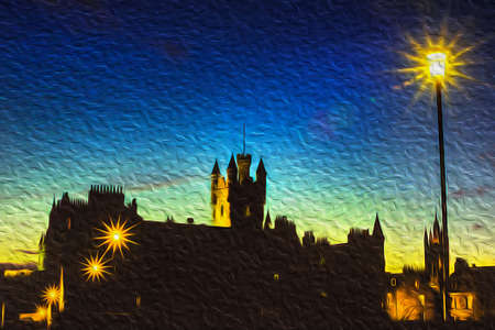 Silhouette of medieval palace and tower on nightfall illuminated by street lights in Aberdeen. With old buildings made of gray granite, is the third most populous of Scotland. Oil paint filter.のeditorial素材