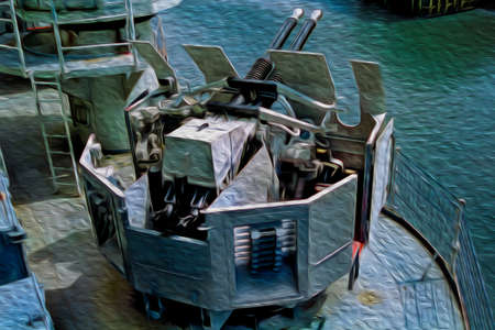 Detail of anti-aircraft gun aiming at the sky on the HMS Belfast warship in London. Capital of England and the United Kingdom, is also one of the most important cities of the world. Oil paint filter.のeditorial素材