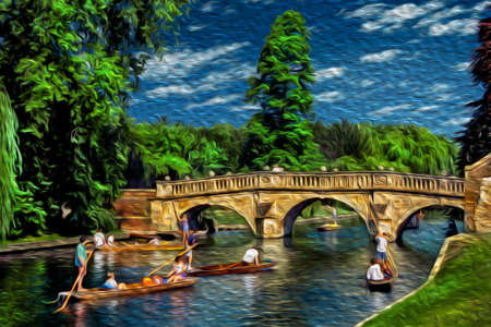 Park with bridge over the River Cam with people on flat-bottomed boat in a bucolic summer day at Cambridge. A beautiful and peaceful university town in eastern England. Oil paint filter.のeditorial素材