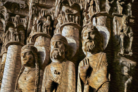 Statues of figures illustrating key theological themes and narratives next to the main entrance of Chartres Cathedral, a well-preserved gothic church in northern France. Oil paint filter.のeditorial素材