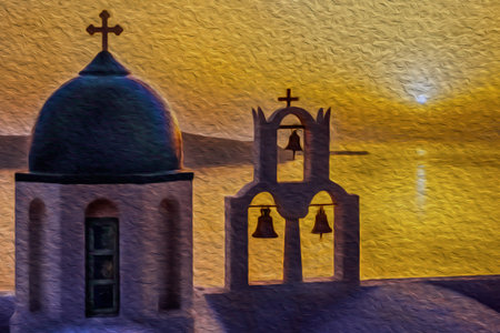 Typical blue dome and bells from orthodox church at sunset in Santorini. A gorgeous volcanic island with ancient civilization in the middle of the Aegean Sea, in southern Greece. Oil paint filter.の写真素材