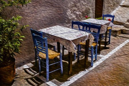 Charming tables and chairs from restaurant in a sunny street of Argos. An ancient city-state located at the Peloponnese Peninsula in central Greece. Oil paint filter.の写真素材