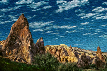 Curious geological landscape of rocky crags eroded by weather in Cappadocia. Located in the Turkish countryside, is a region famous for its unique historical and cultural heritage. Oil paint filter.の写真素材