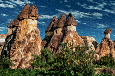 Curious geological landscape of rocky crags eroded by weather in Cappadocia. Located in the Turkish countryside, is a region famous for its unique historical and cultural heritage. Oil paint filter.の写真素材