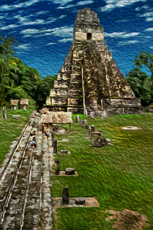 Steep temple-pyramid in the middle of forest at the ancient city of Tikal. One of the largest archaeological sites and urban centers of the Maya civilization, in north Guatemala. Oil paint filter.の写真素材