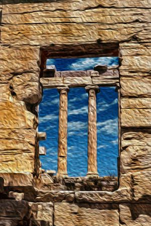 Columns framed by window in a marble temple at the Acropolis of Athens. This powerful Greek city-state from ancient times used to be a center for the arts and philosophy. Oil paint filter.の写真素材
