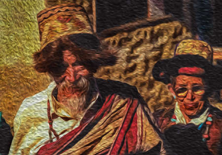 Himalaya, Nepal - September 15, 1990. Older couple dressed in typical attire attending traditional festival at Himalayas. The world largest and highest mountain range in Nepal. Oil Paint filter.のeditorial素材