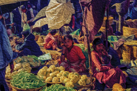 Women selling vegetable products in a crowded market at Kathmandu. The exotic and chaotic capital of Nepal, at the bottom of the Himalayan mountain range. Oil paint filter.のeditorial素材