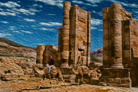 Bedouin riding dromedary through a temple in the ancient archeological site of Petra. An amazing historic city with buildings carved out of the cliffs in southern Jordan. Oil paint filter.の写真素材