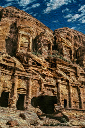 Facade of an eroded temple carved out from the rock in the ancient archeological site of Petra. An amazing historic city with buildings carved out of the cliffs in southern Jordan. Oil paint filter.の写真素材
