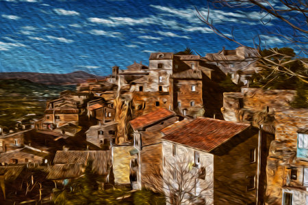 City landscape with old building roofs on top of hill, in a winter sunny day at Orvieto. An ancient,...