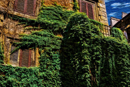 Facade of old building with iron balcony covered by leafy bindweed, in a sunny day at Rome. The incredible city of the Ancient Era, known as The Eternal City, in central Italy. Oil paint filter.のeditorial素材