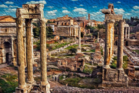 Columns and ruins of Roman Forum, an archeological site and great tourist attraction of Rome. The incredible city of the Ancient Era, known as The Eternal City, in central Italy. Oil paint filter.のeditorial素材