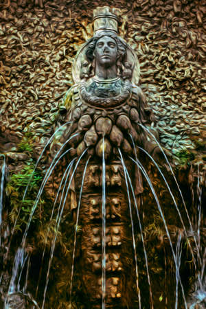 Tivoli, Italy - March 10, 1997. Fountain with the statue of Diana goddess representing fertility in the Villa d Este. A palace famous for its Renaissance garden and lush fountains. Oil paint filterのeditorial素材