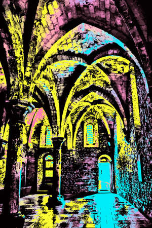 Hall with columns and arches inside a Castle in Ghent. A city full of Flemish style and Gothic buildings in Belgium. Blacklight Poster filter.の写真素材