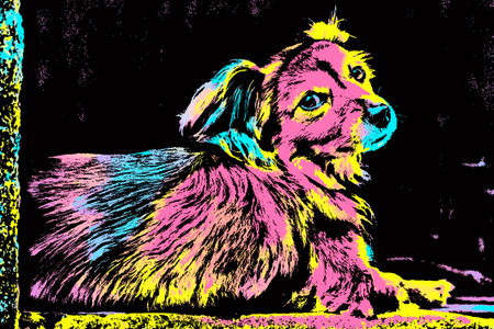 Cute dog standing on doorstep of an old house in Caceres. A charming town with a preserved medieval center in western Spain. Blacklight Poster filter.の写真素材