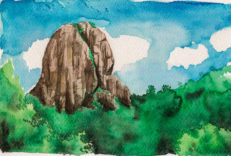Illustration of the rocky peak called Bau Stone. Amid greenish valley and sunny sky, in the Brazilian countryside. Watercolor painting.の写真素材
