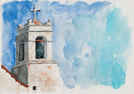Small church belfry with bell and cross in San Pedro de Atacama. A cute tourist village on the Andean highland in northern Chile. Watercolor painting.の写真素材