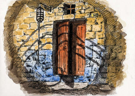 Detail of wooden door ajar in an old stone building at Rhodes. A historical town with medieval architecture in Greece. Watercolor and ink drawing.の写真素材