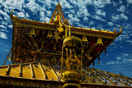 Gold-plated pagoda-shaped roofs on an ancient Kathmandu temple. The exotic and chaotic capital of Nepal, near the Himalayas Ridge. Oil paint filter.の写真素材
