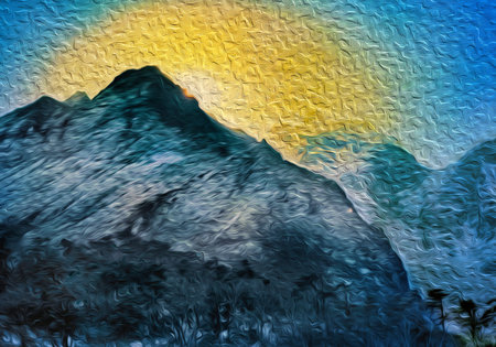 Sunrise behind snowy mountains and deep valleys at the Himalayas. The world largest and highest mountain range, in Nepal. Oil Paint filter.の写真素材