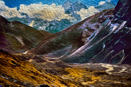 Snowy mountains and deep rocky valley at the Himalayas. The world largest and highest mountain range, in northern Nepal. Oil Paint filter.の写真素材