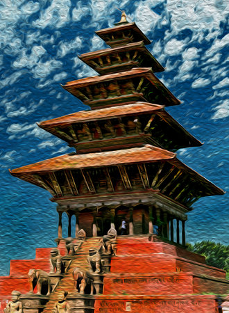 Stone sculptures and a staircase on the pagoda-shape Nyatapola Temple, in Bhaktapur. An ancient village in the countryside of Nepal. Oil paint filter.の写真素材