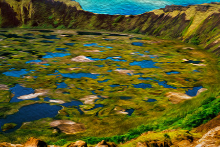 Lake with bushes filling the crater of the extinct Rano Kau volcano on Easter Island. A World Heritage site in the Pacific Ocean, Chile. Oil paint filter.の写真素材