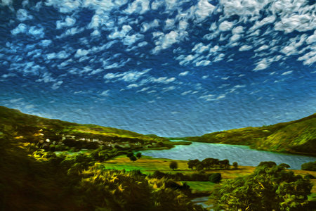 Hilly landscape with trees and lake in a sunny day at the Welsh countryside. A region with...