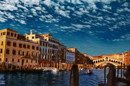 Palaces alongside the Canal Grande near the Rialto Bridge in Venice. The amazing marine city full of canals and palaces in Italy. Oil paint filter.の写真素材