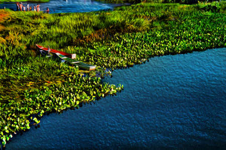 Small wooden boats moored amid aquatic vegetation. At the tropical beach of Itaunas in the northwestern Brazilian coastline. Oil Paint filter.の写真素材