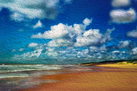 Landscape of large tropical beach and calm shore in a sunny day in Itaunas, at the northwestern Brazilian coastline. Oil Paint filter.の写真素材