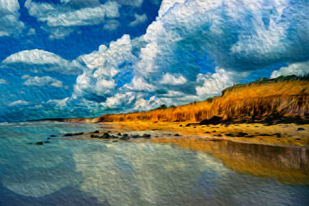 Landscape of beautiful cliffs by the sea in a sunny day. At the tropical beach of Itaunas in the northwestern Brazilian coastline. Oil Paint filter.の写真素材