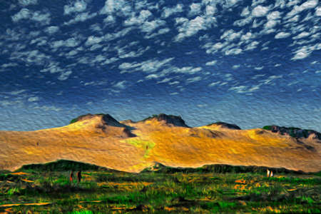 Landscape of sand dunes with undergrowth in a sunny day. At the tropical beach of Itaunas in the northwestern Brazilian coastline. Oil Paint filter.の写真素材