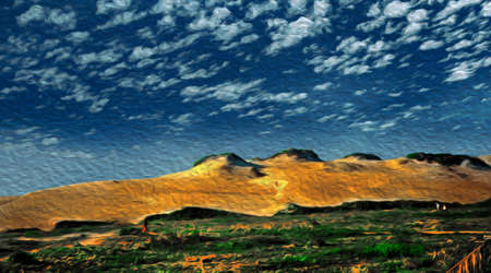 Landscape of sand dunes with undergrowth in a sunny day. At the tropical beach of Itaunas in the northwestern Brazilian coastline. Oil Paint filter.の写真素材