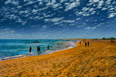 People having fun on a large tropical beach with calm sea at Arraial do Cabo. In a Brazilian region of stunning coastal beauty. Oil paint filter.の写真素材