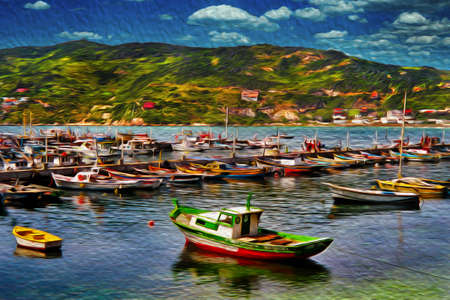 Small fishing boats moored in a port in Arraial do Cabo. A village in a Brazilian region of stunning coastal natural beauty. Oil Paint filter.の写真素材