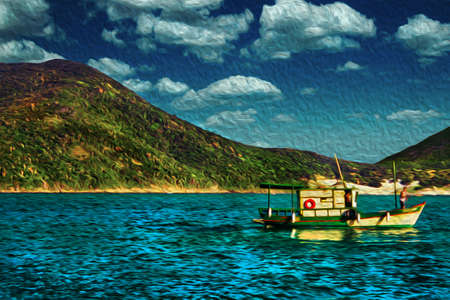 Trawler sailing on the sea in a sunny day, near the beach of Arraial do Cabo. In a Brazilian region of stunning coastal beauty. Oil paint filter.の写真素材