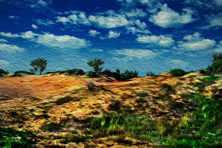 Sand dunes with undergrowth at the tropical beach of Arraial do Cabo. In a Brazilian region of stunning coastal beauty. Oil paint filter.の写真素材
