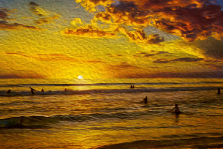 People having fun on sundown in a tropical beach at Arraial do Cabo. In a Brazilian region of stunning coastal beauty. Oil paint filter.の写真素材